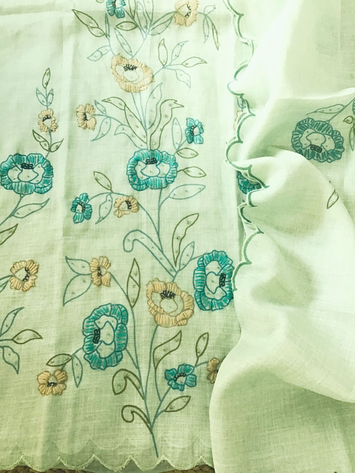 Soft Tissue Cotton Printed Embroidered Suit - Green