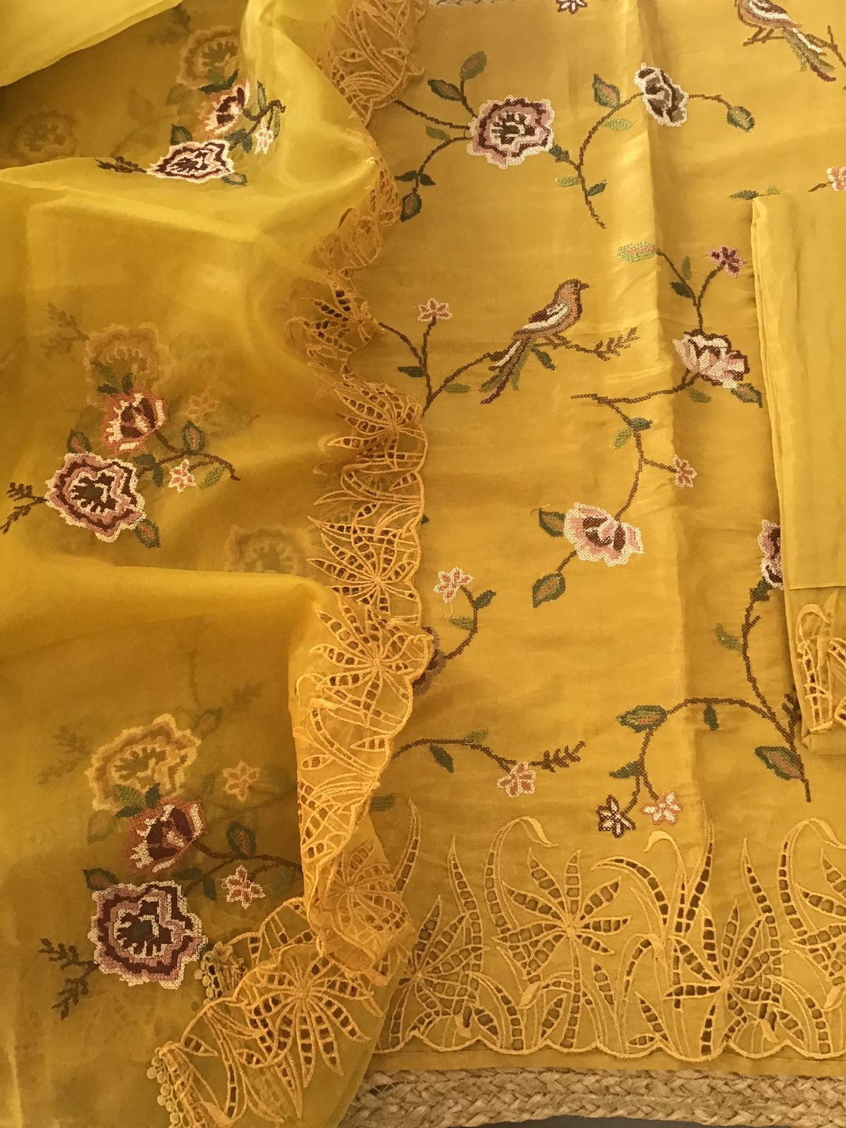 Pure Shimmer Silk Embroidered Suit - Yellow