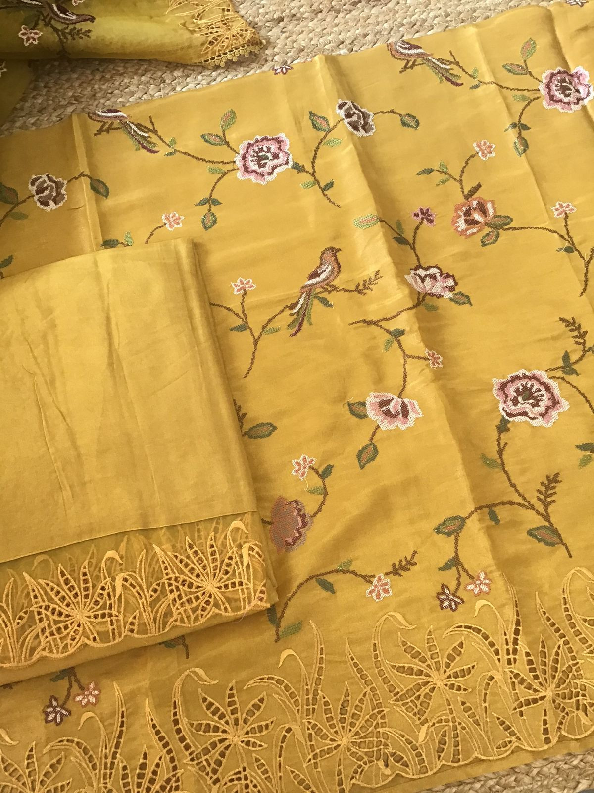 Pure Shimmer Silk Embroidered Suit - Yellow