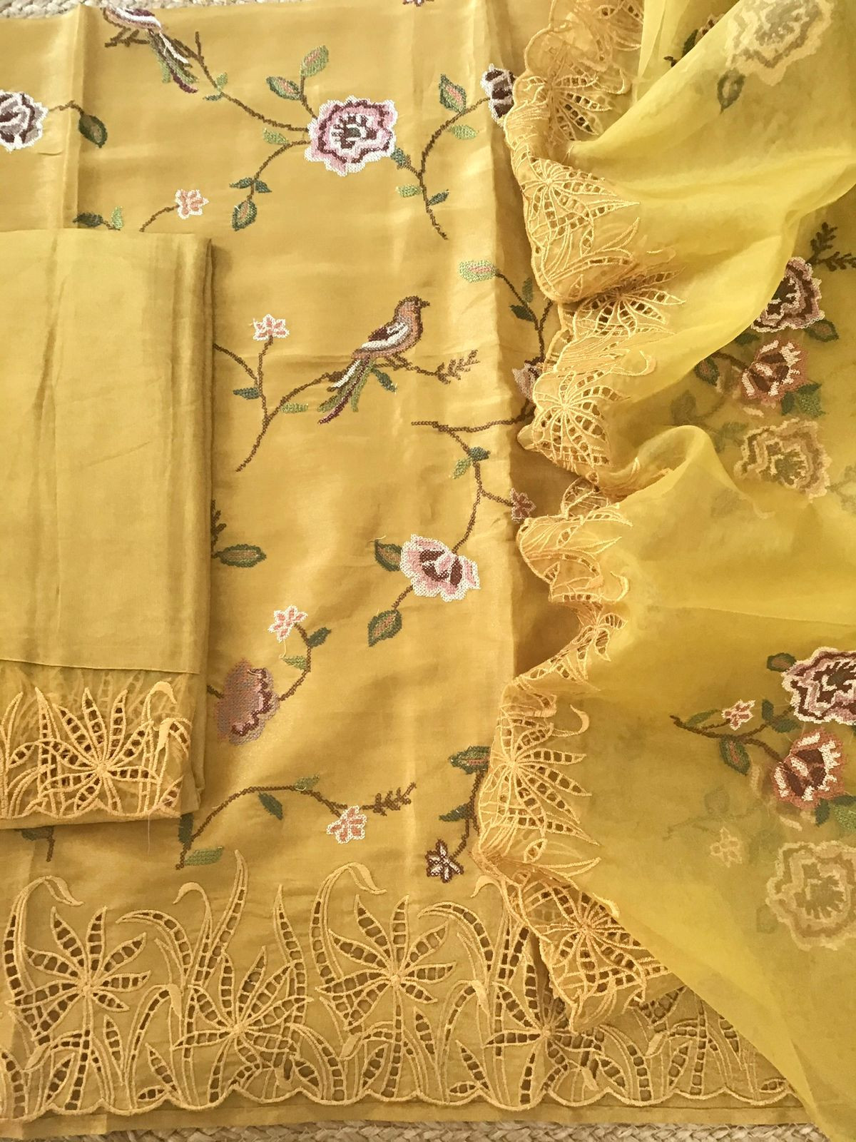 Pure Shimmer Silk Embroidered Suit - Yellow