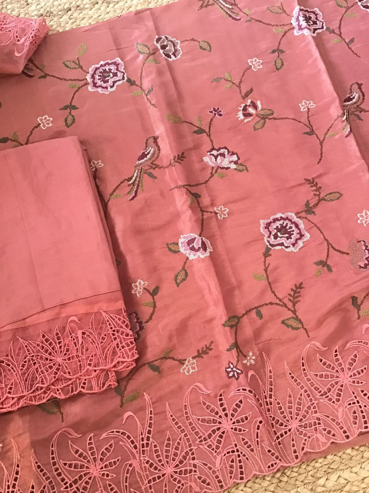 Pure Shimmer Silk Embroidered Suit - Peach