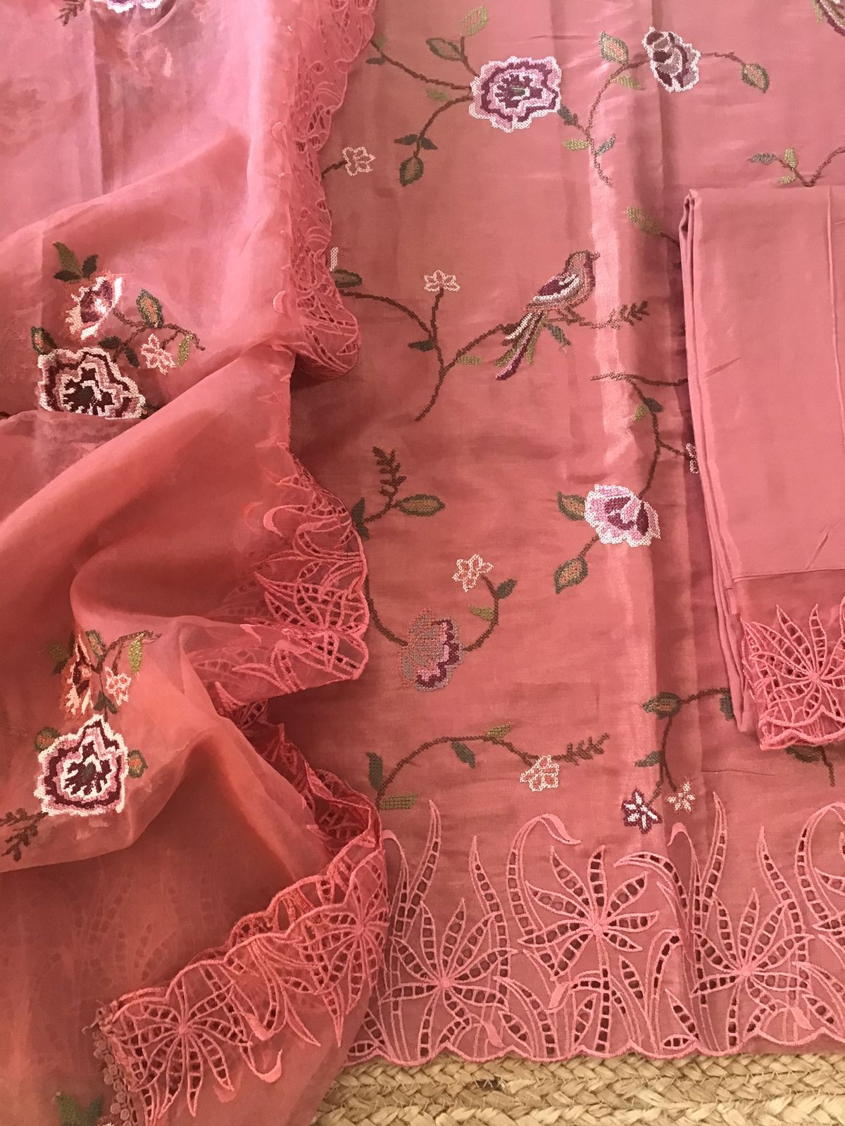 Pure Shimmer Silk Embroidered Suit - Peach