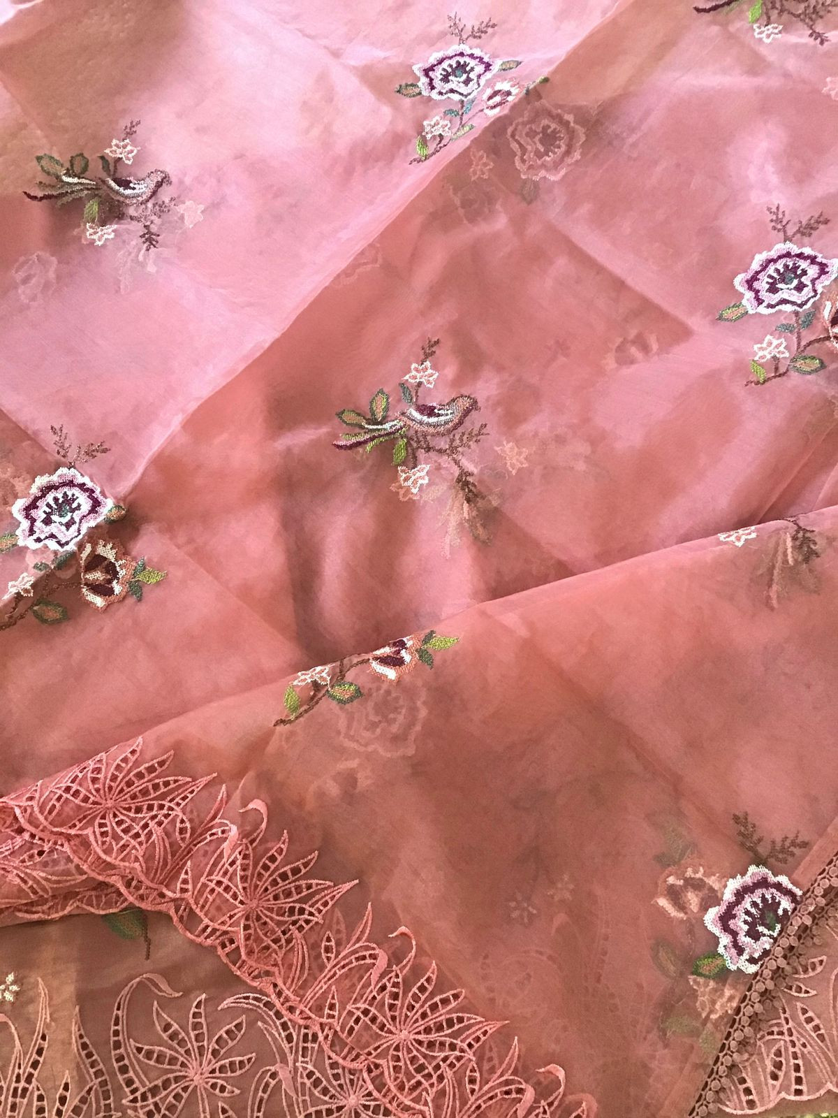 Pure Shimmer Silk Embroidered Suit - Peach