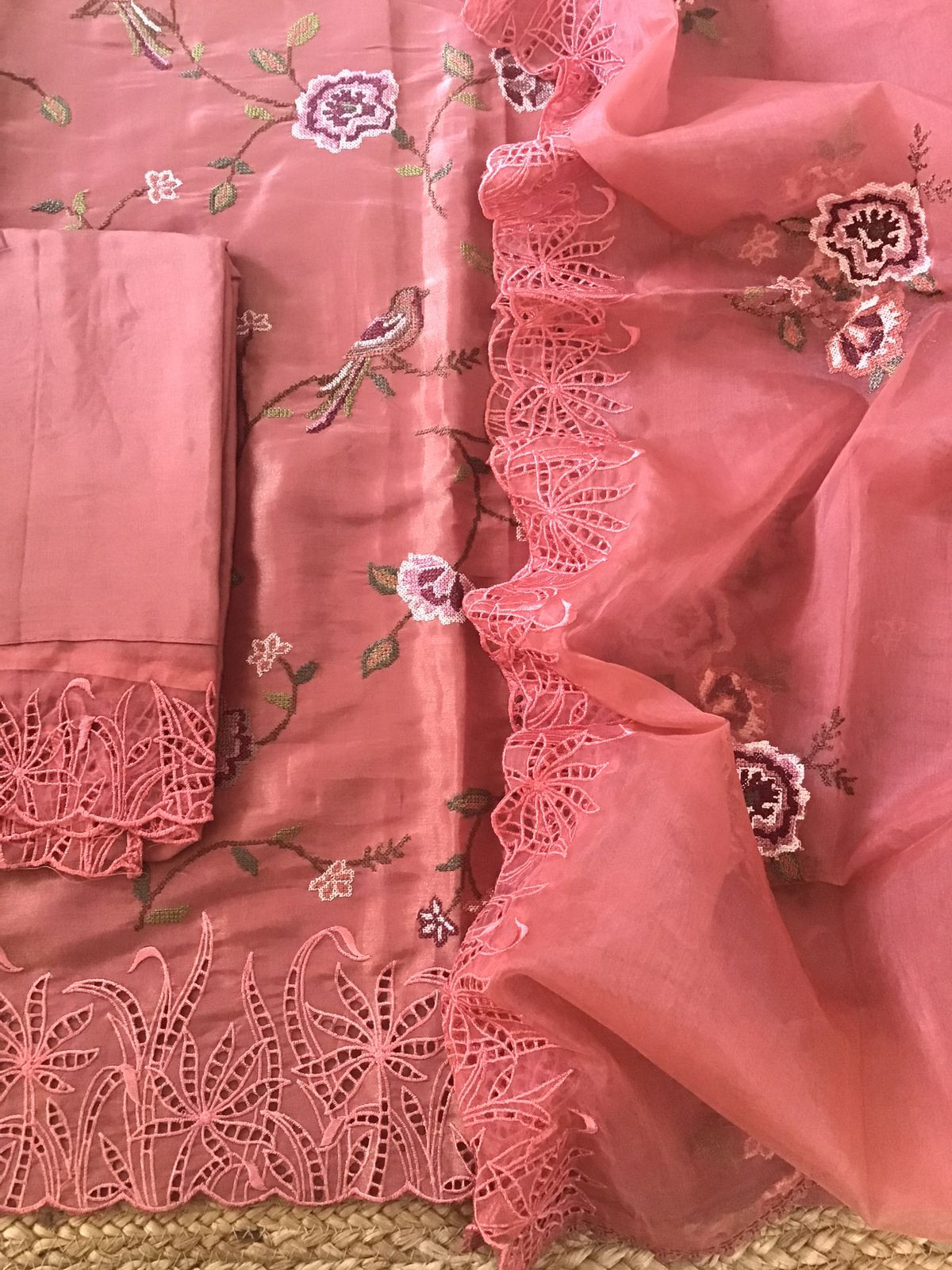 Pure Shimmer Silk Embroidered Suit - Peach