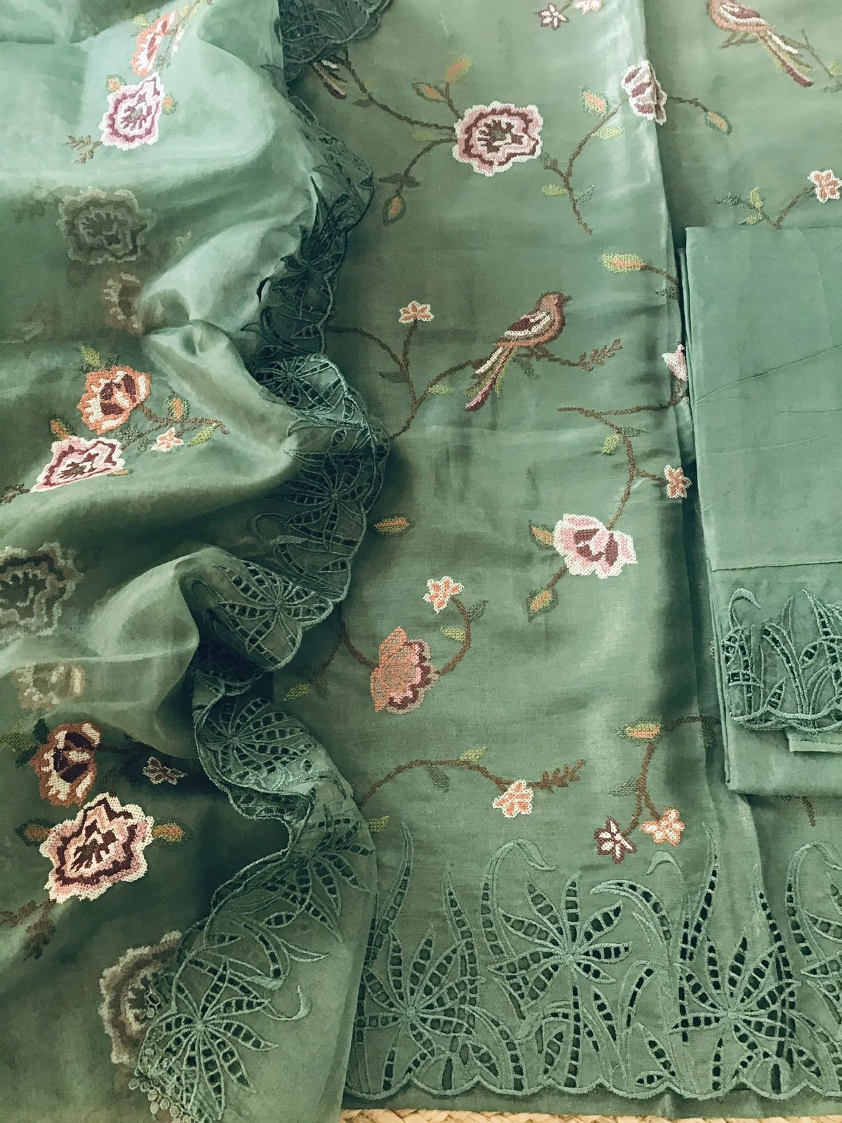 Pure Shimmer Silk Embroidered Suit - Green