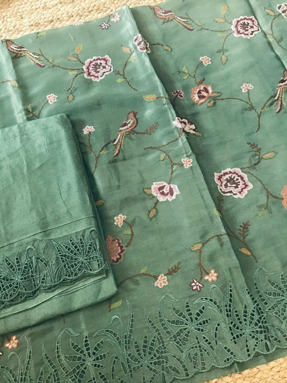 Pure Shimmer Silk Embroidered Suit - Green