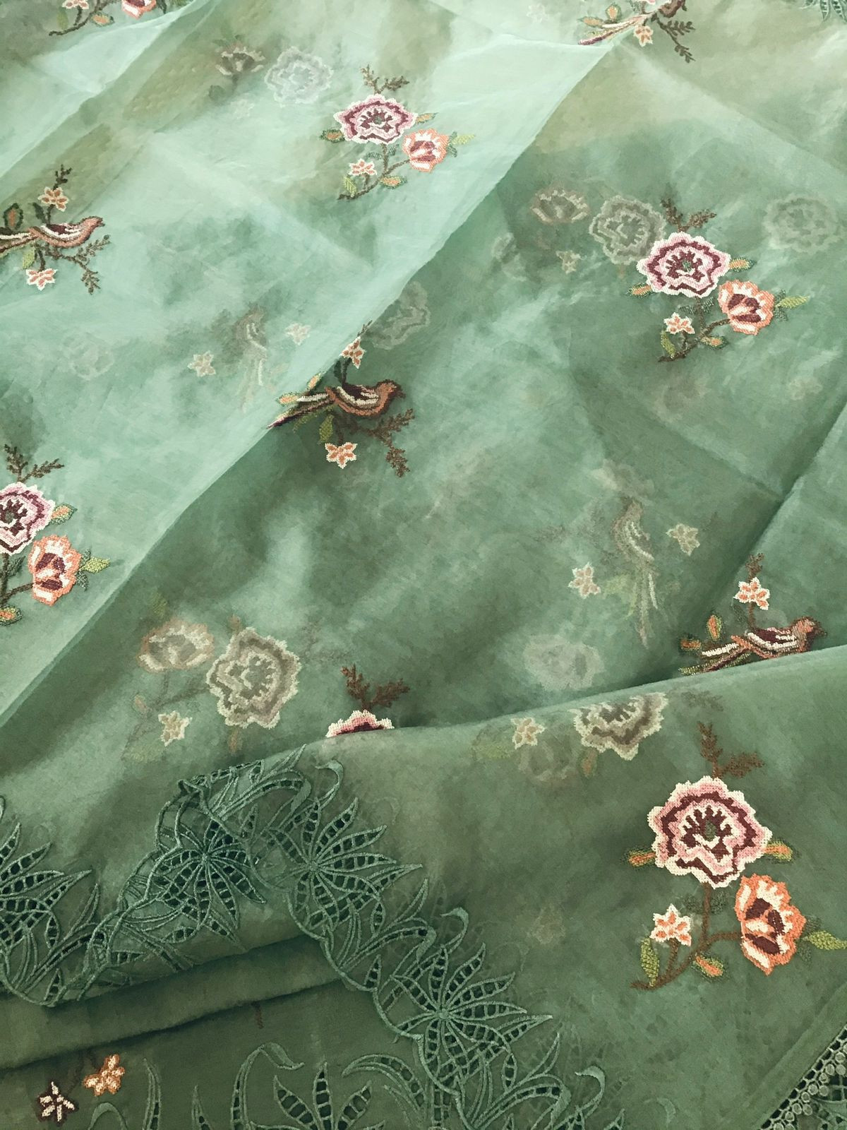 Pure Shimmer Silk Embroidered Suit - Green