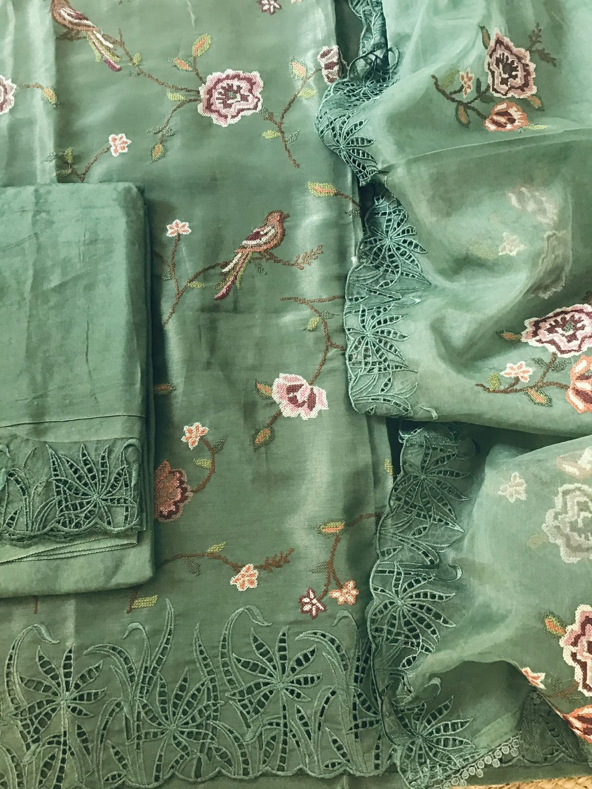 Pure Shimmer Silk Embroidered Suit - Green