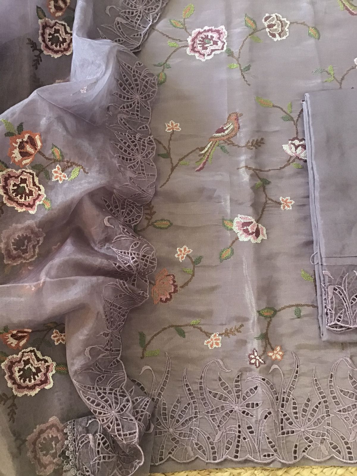 Pure Shimmer Silk Embroidered Suit - Lavender