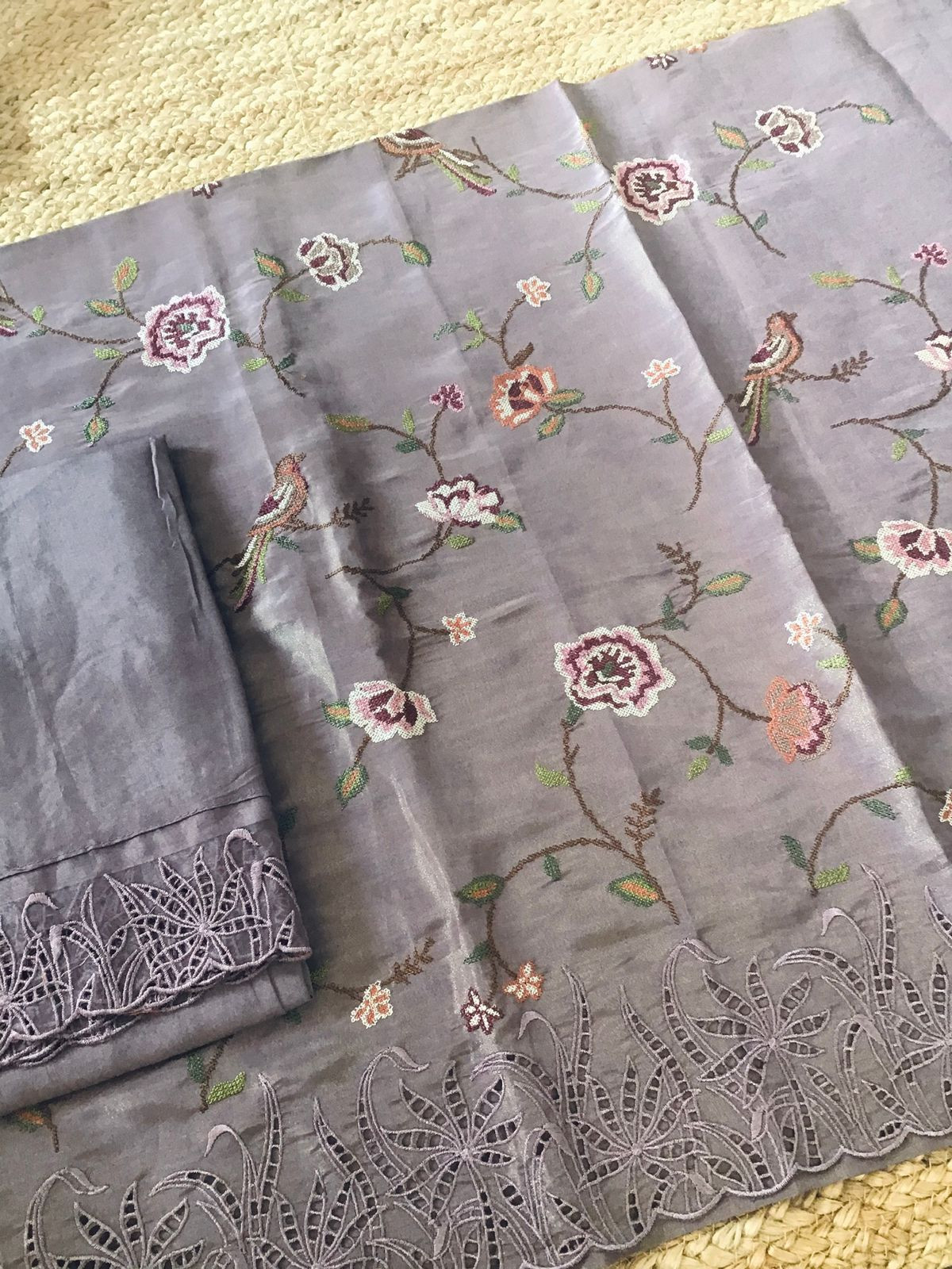 Pure Shimmer Silk Embroidered Suit - Lavender