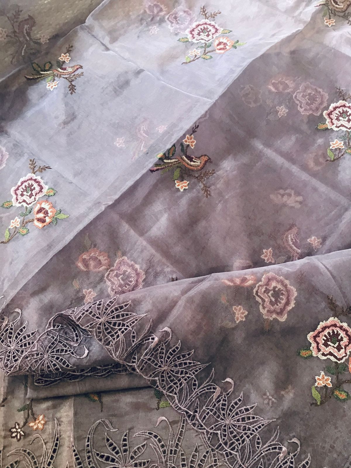 Pure Shimmer Silk Embroidered Suit - Lavender