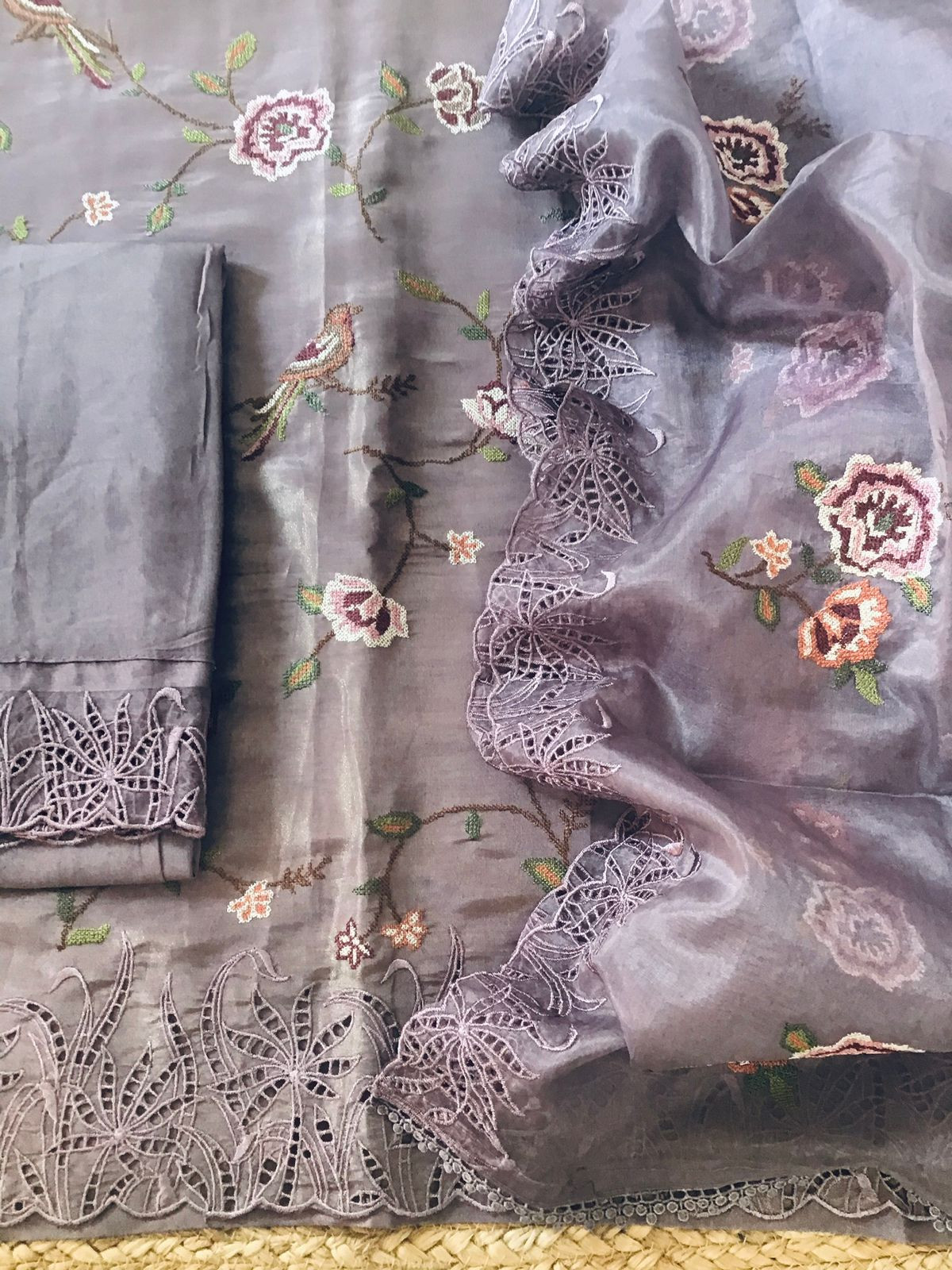 Pure Shimmer Silk Embroidered Suit - Lavender