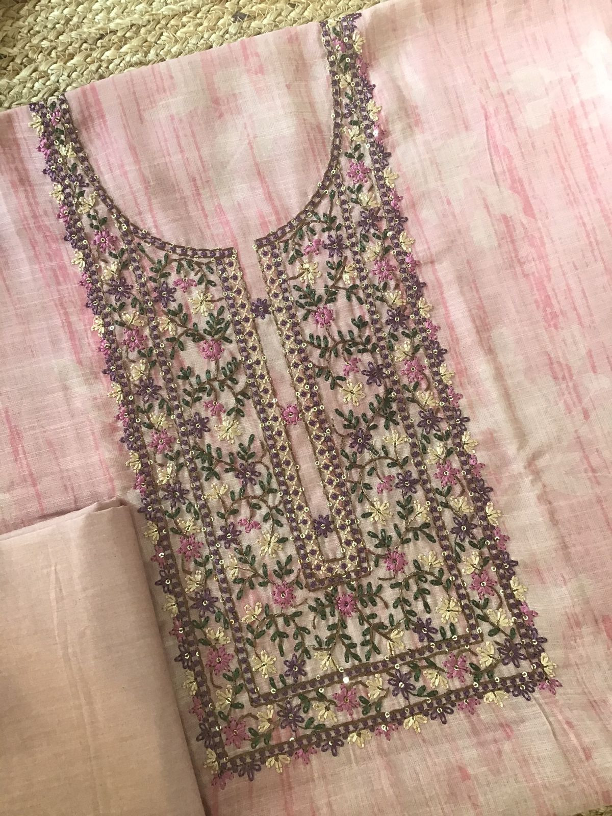 Soft Linen Jute Cotton Printed Embroidered Suit - Pink