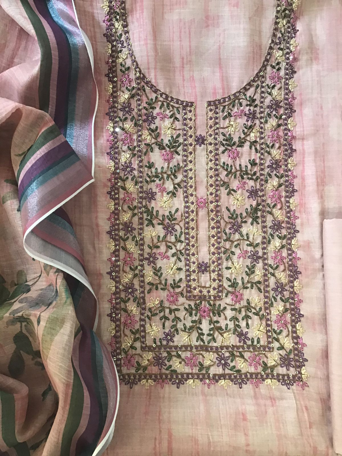 Soft Linen Jute Cotton Printed Embroidered Suit - Pink