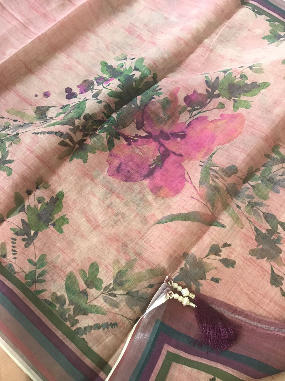 Soft Linen Jute Cotton Printed Embroidered Suit - Pink