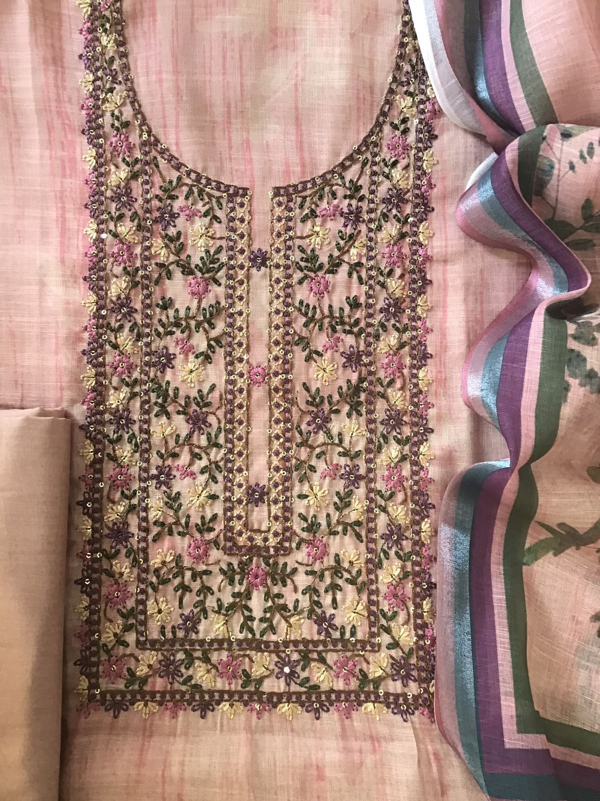 Soft Linen Jute Cotton Printed Embroidered Suit - Pink