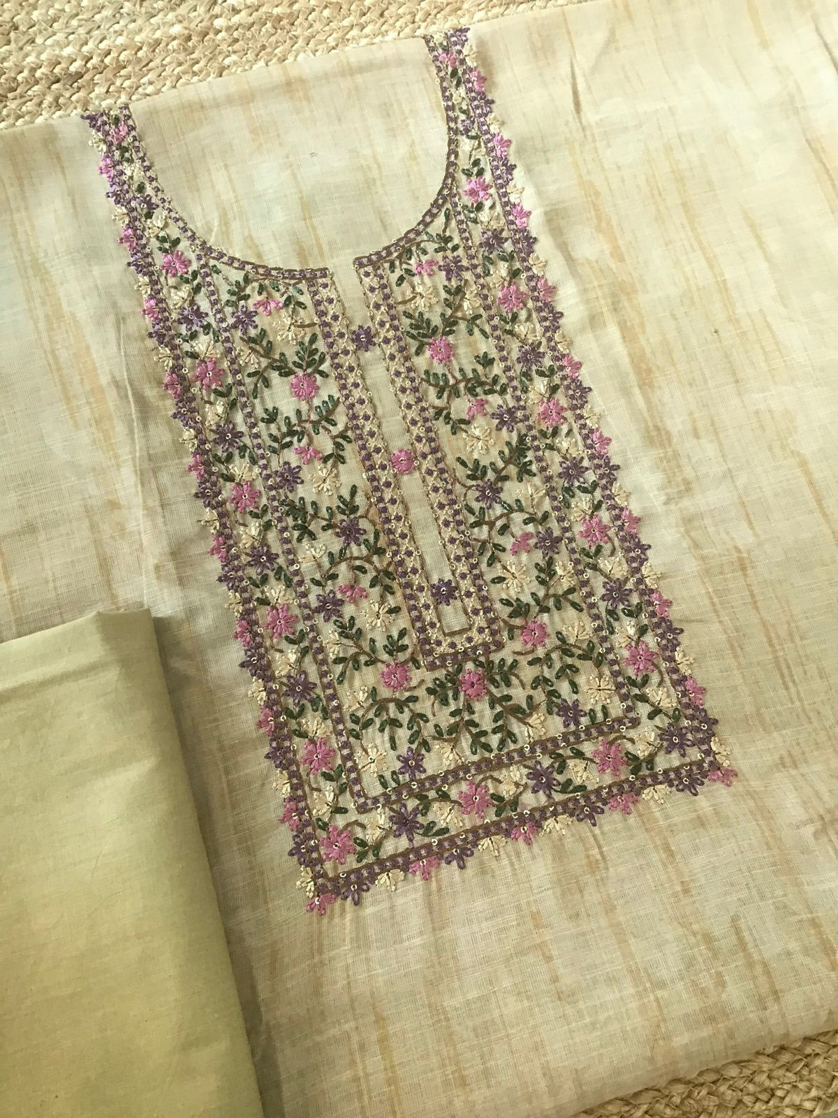 Soft Linen Jute Cotton Printed Embroidered Suit - Yellow