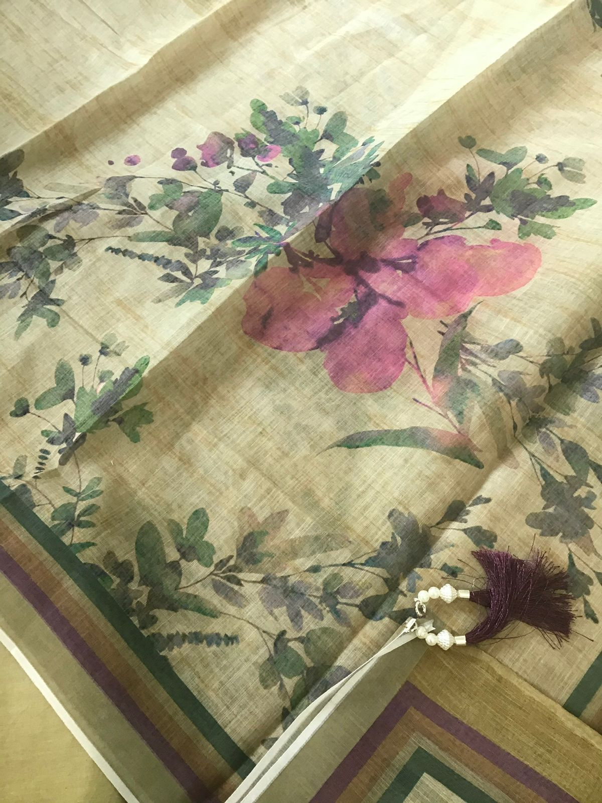 Soft Linen Jute Cotton Printed Embroidered Suit - Yellow