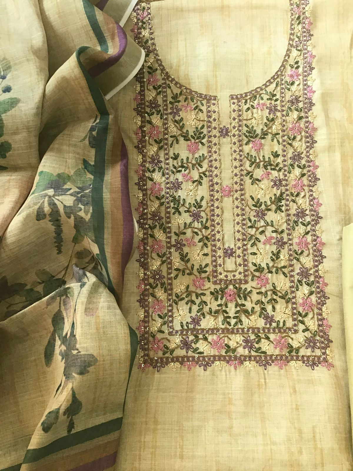 Soft Linen Jute Cotton Printed Embroidered Suit - Yellow