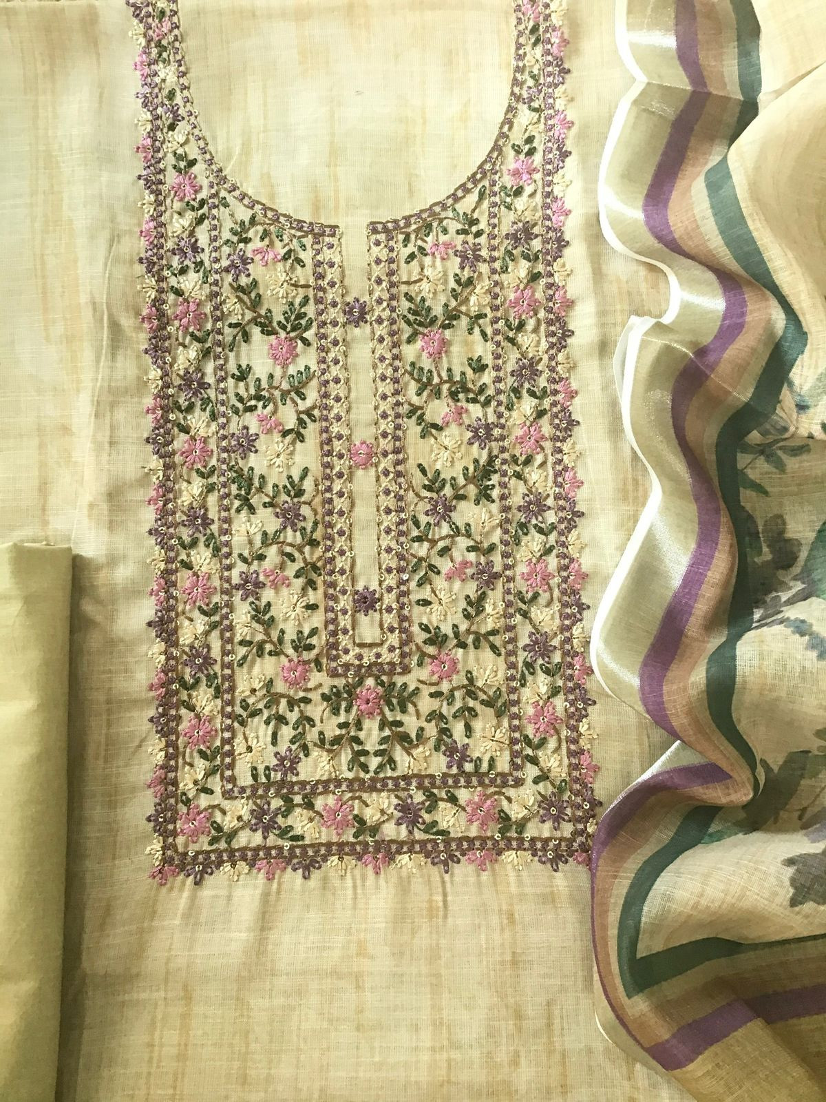 Soft Linen Jute Cotton Printed Embroidered Suit - Yellow