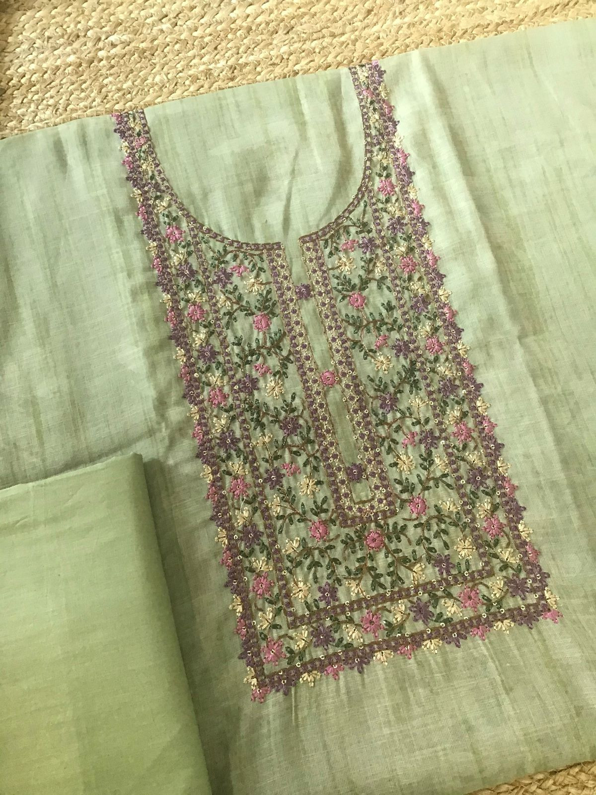 Soft Linen Jute Cotton Printed Embroidered Suit - Green