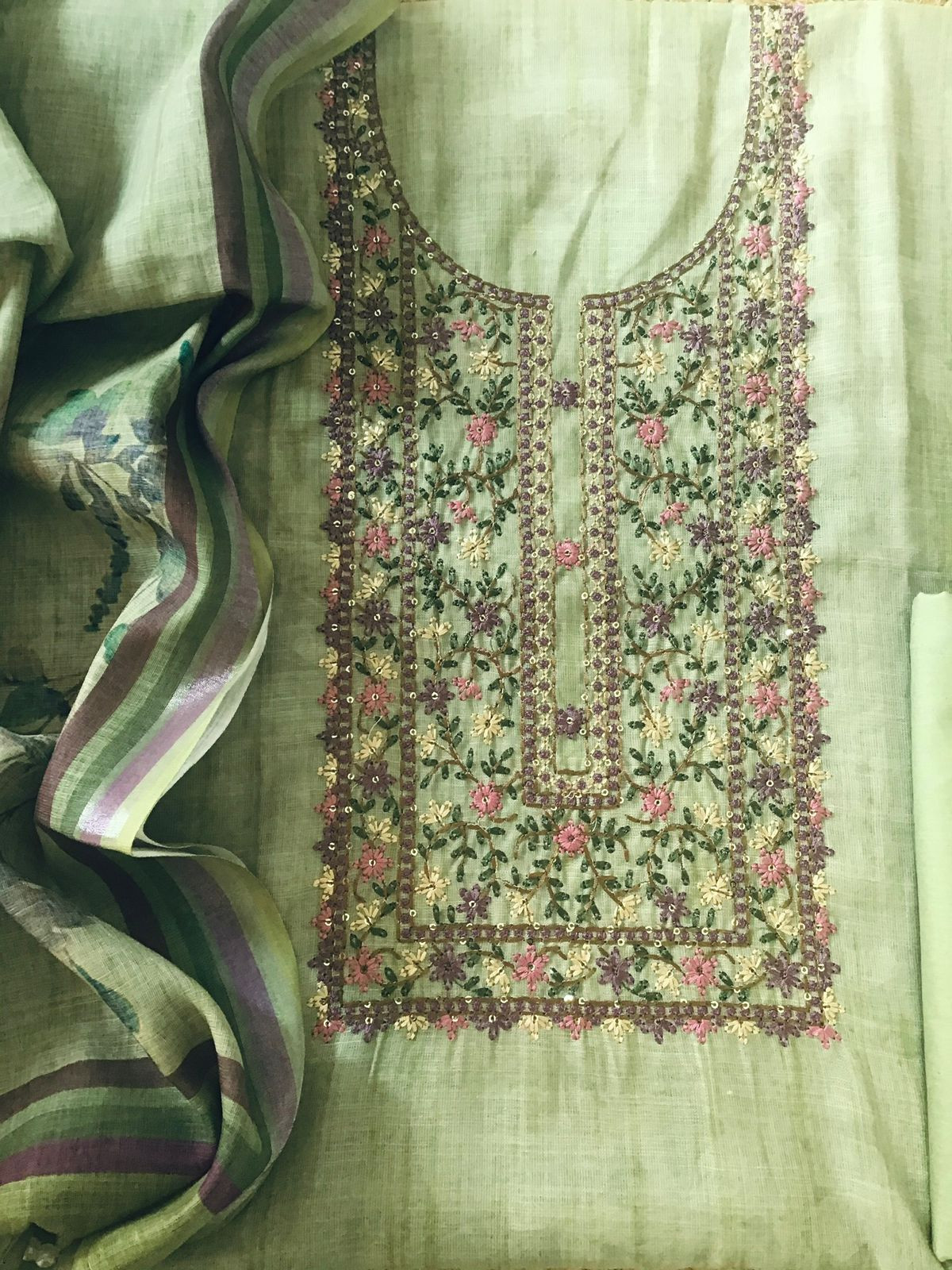 Soft Linen Jute Cotton Printed Embroidered Suit - Green
