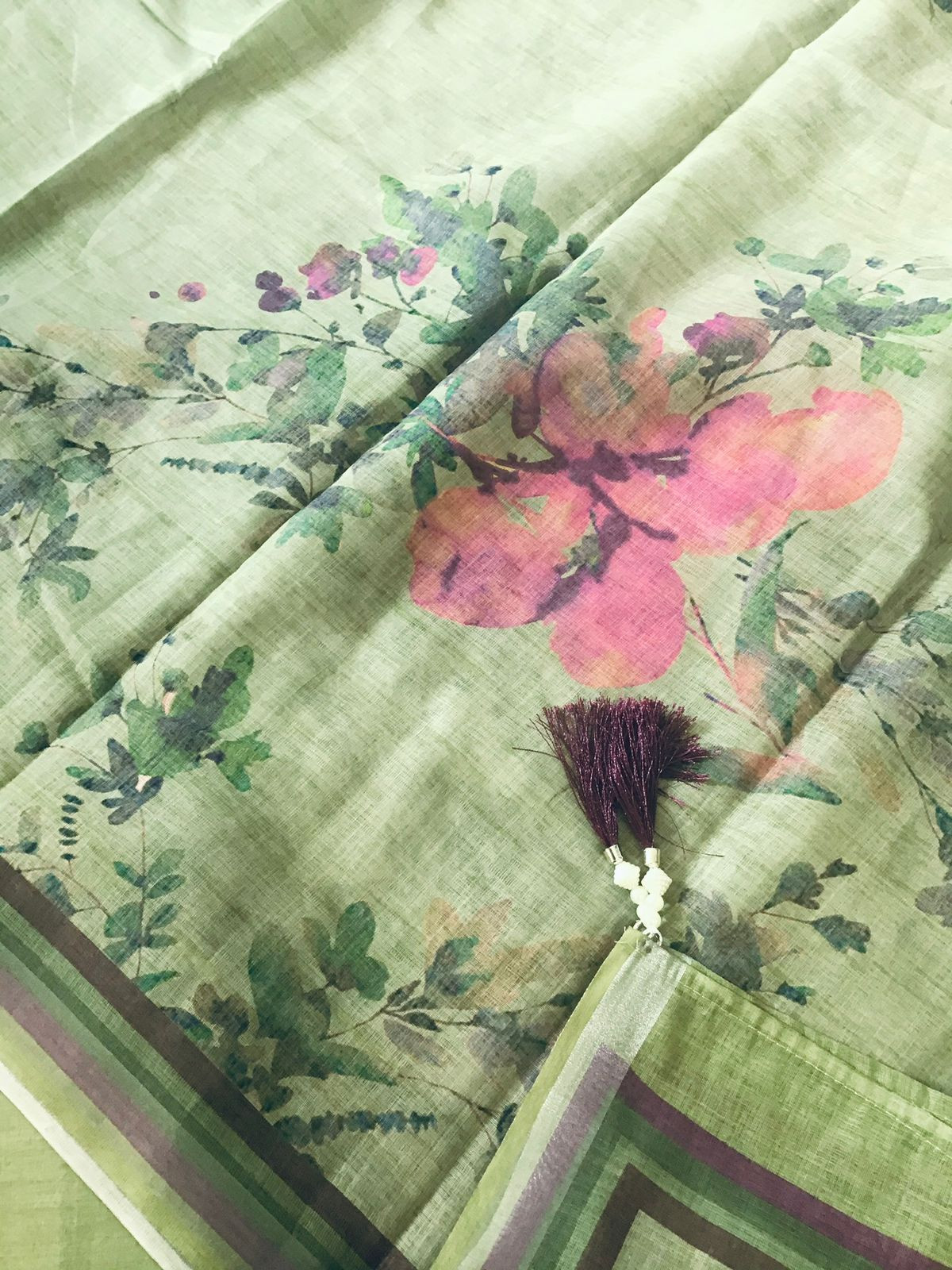 Soft Linen Jute Cotton Printed Embroidered Suit - Green