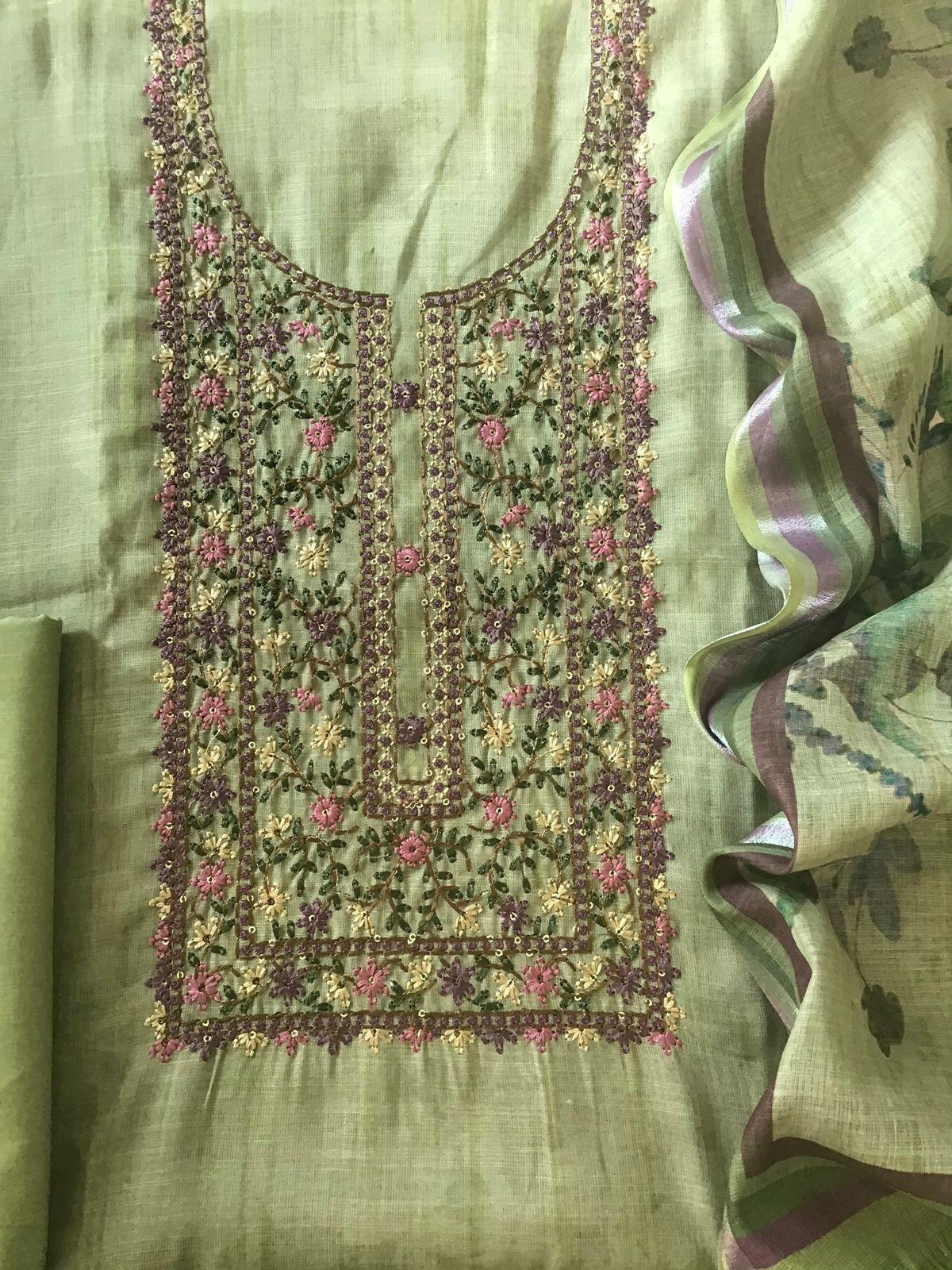 Soft Linen Jute Cotton Printed Embroidered Suit - Green