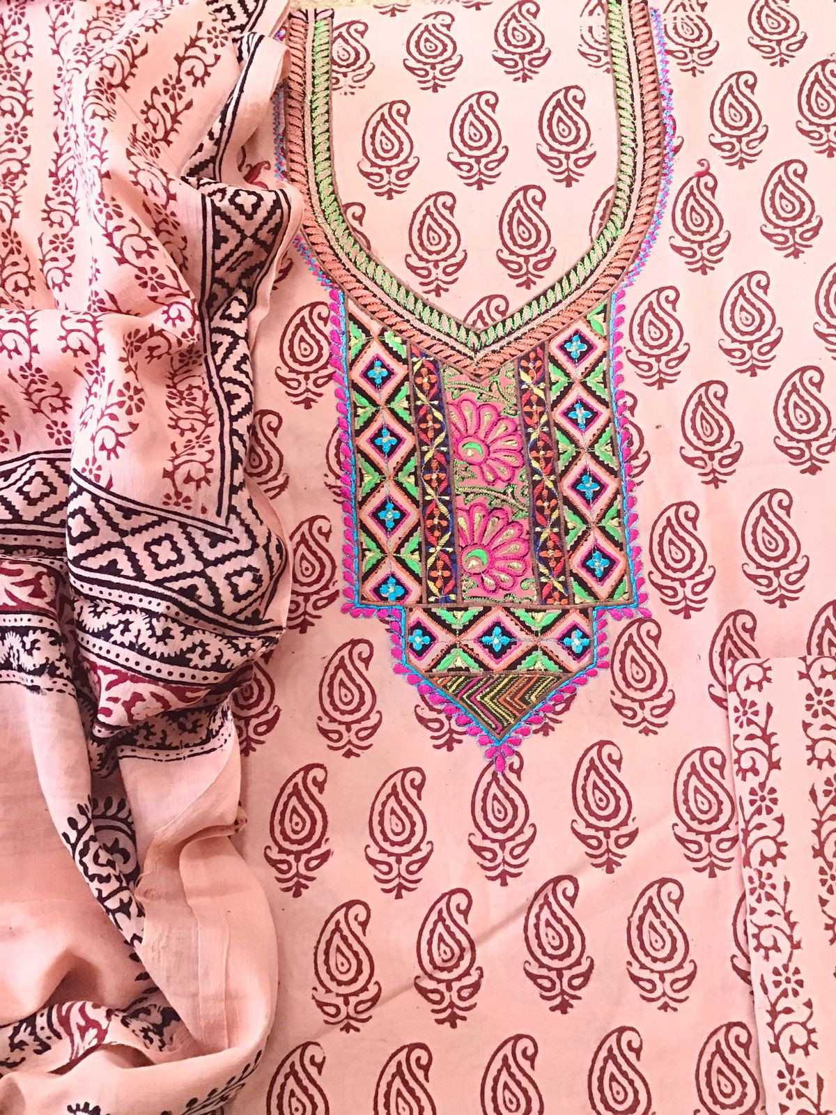 Pure Cotton Bagh Printed Embroidered Suit - Peach