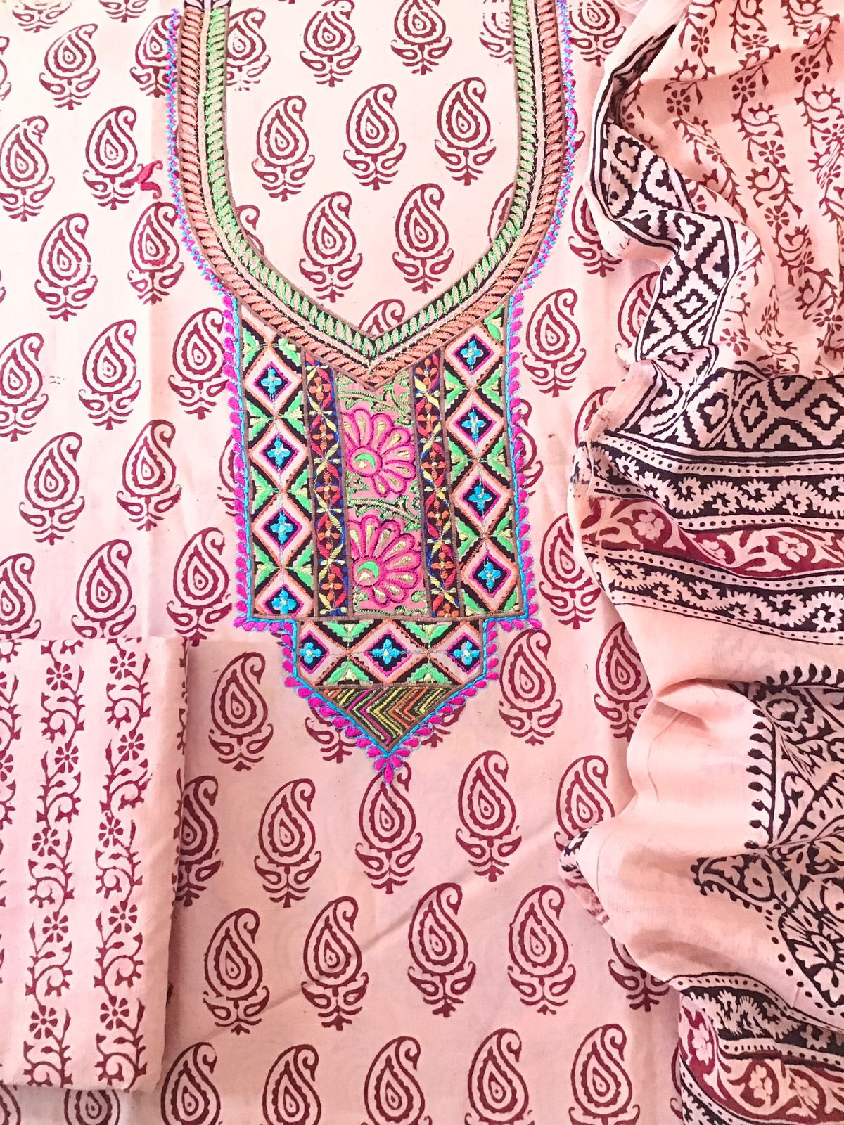 Pure Cotton Bagh Printed Embroidered Suit - Peach