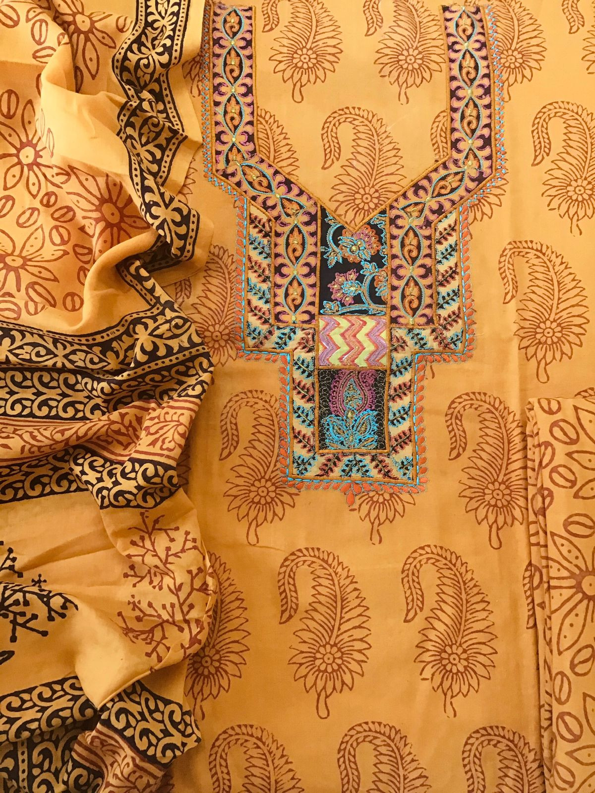 Pure Cotton Bagh Printed Embroidered Suit - Orangish Yellow