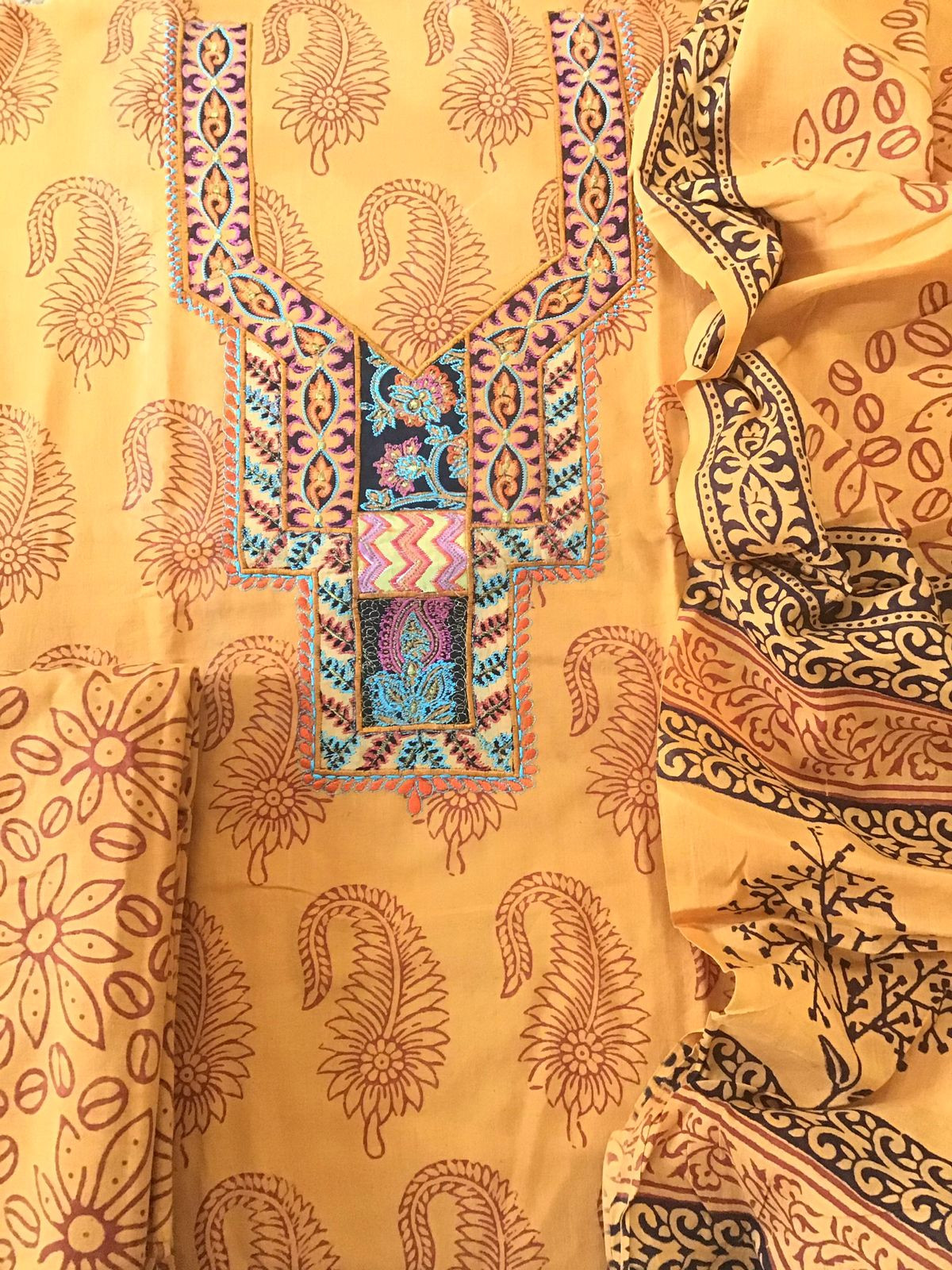 Pure Cotton Bagh Printed Embroidered Suit - Orangish Yellow