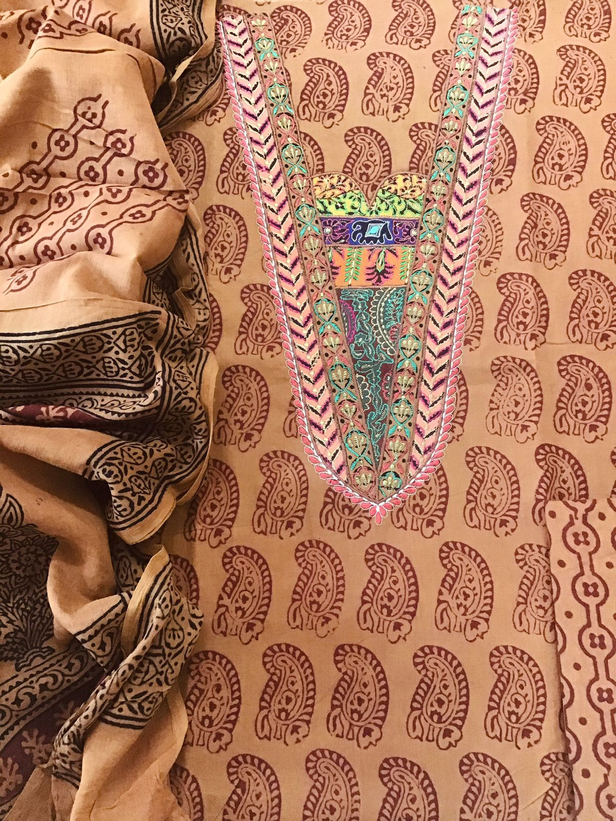 Pure Cotton Bagh Printed Embroidered Suit - Light Brown