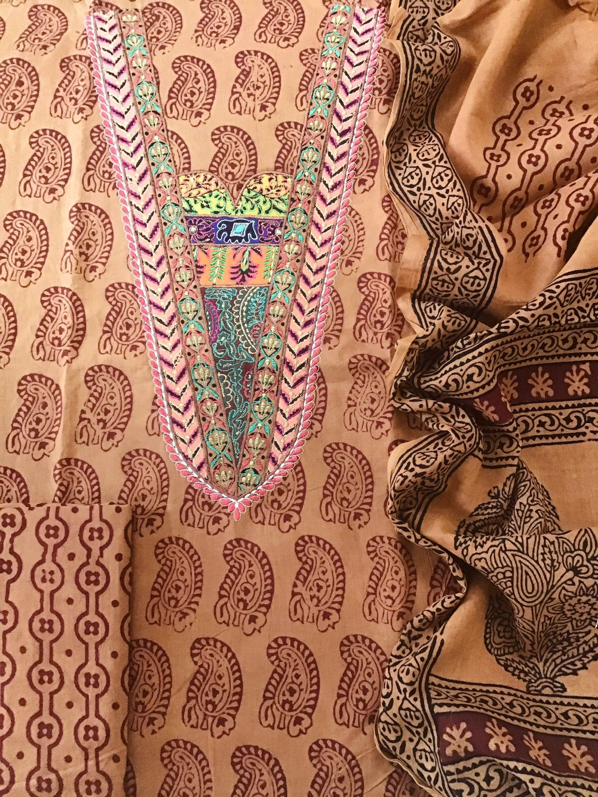 Pure Cotton Bagh Printed Embroidered Suit - Light Brown
