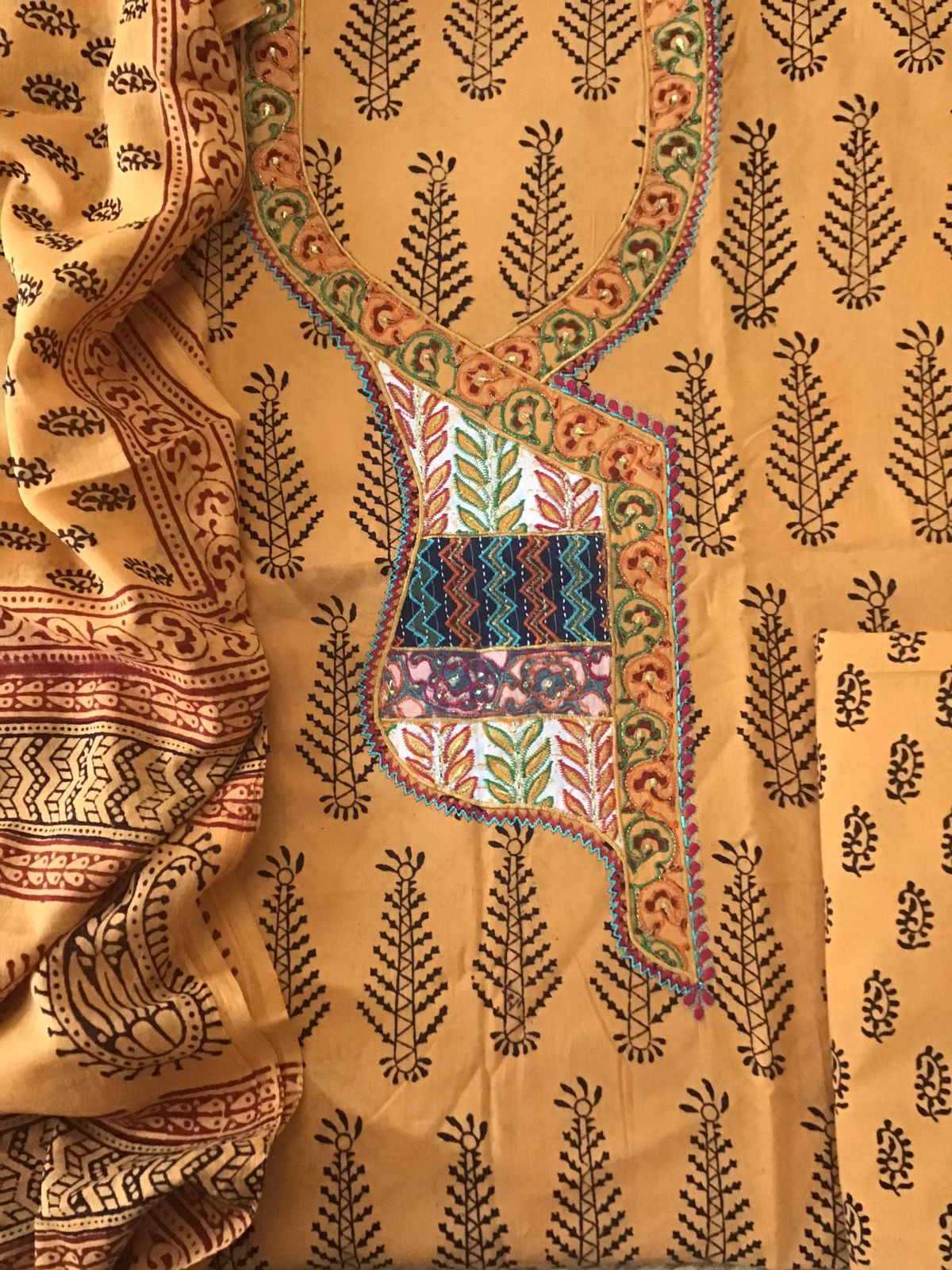 Pure Cotton Bagh Printed Embroidered Suit - Orangish Yellow