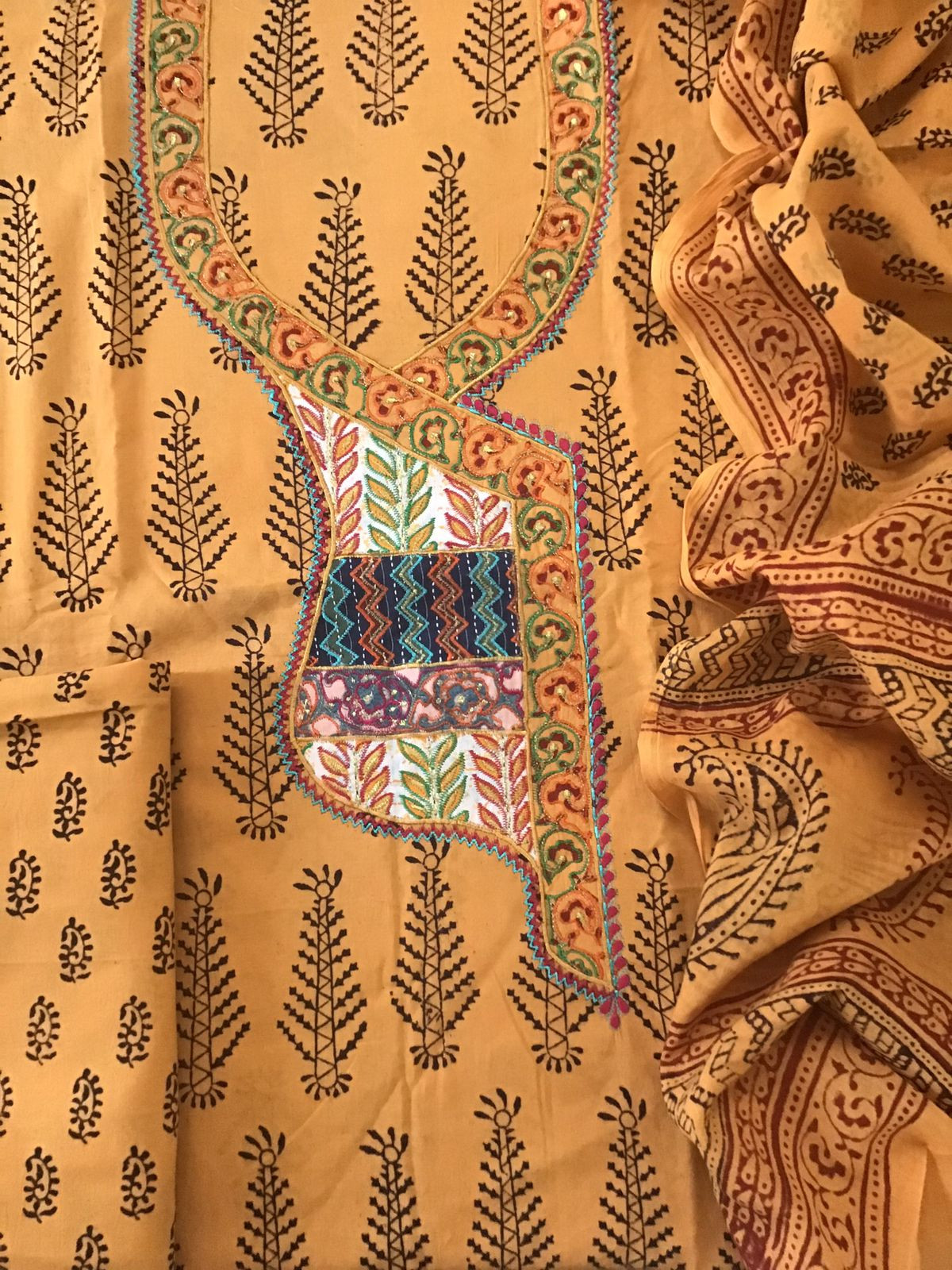 Pure Cotton Bagh Printed Embroidered Suit - Orangish Yellow
