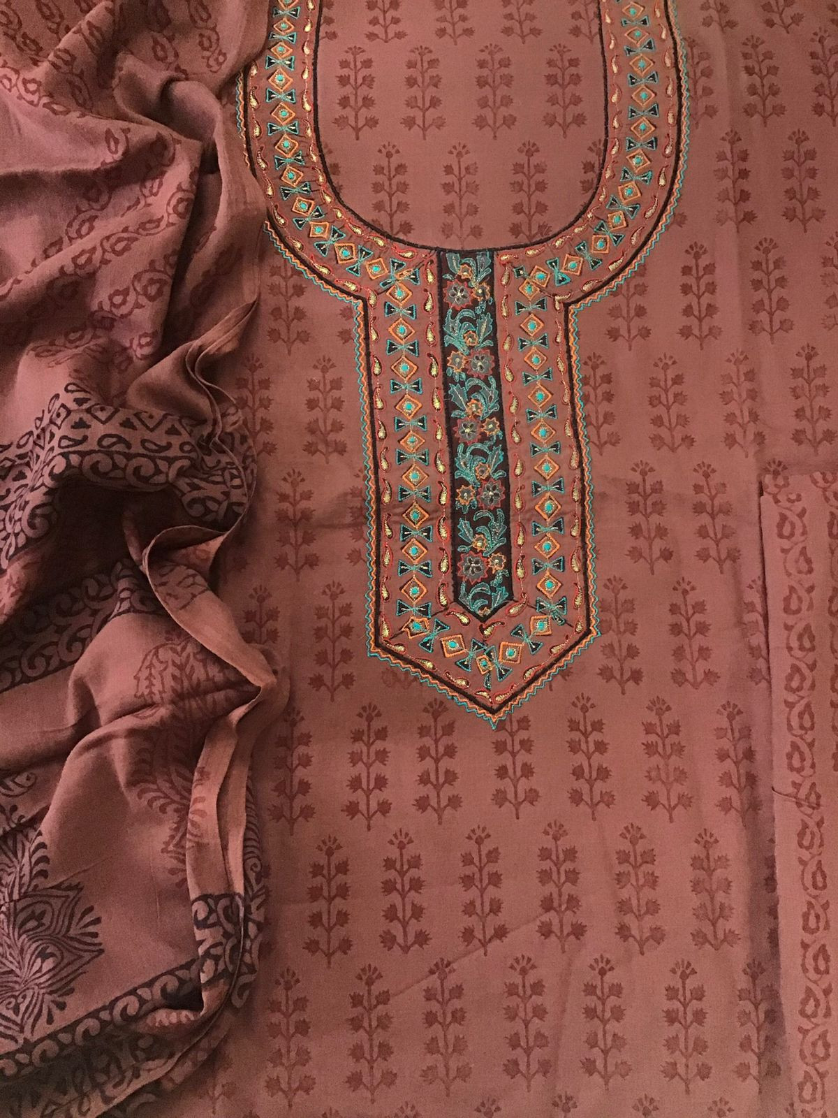 Pure Cotton Bagh Printed Embroidered Suit - Brown