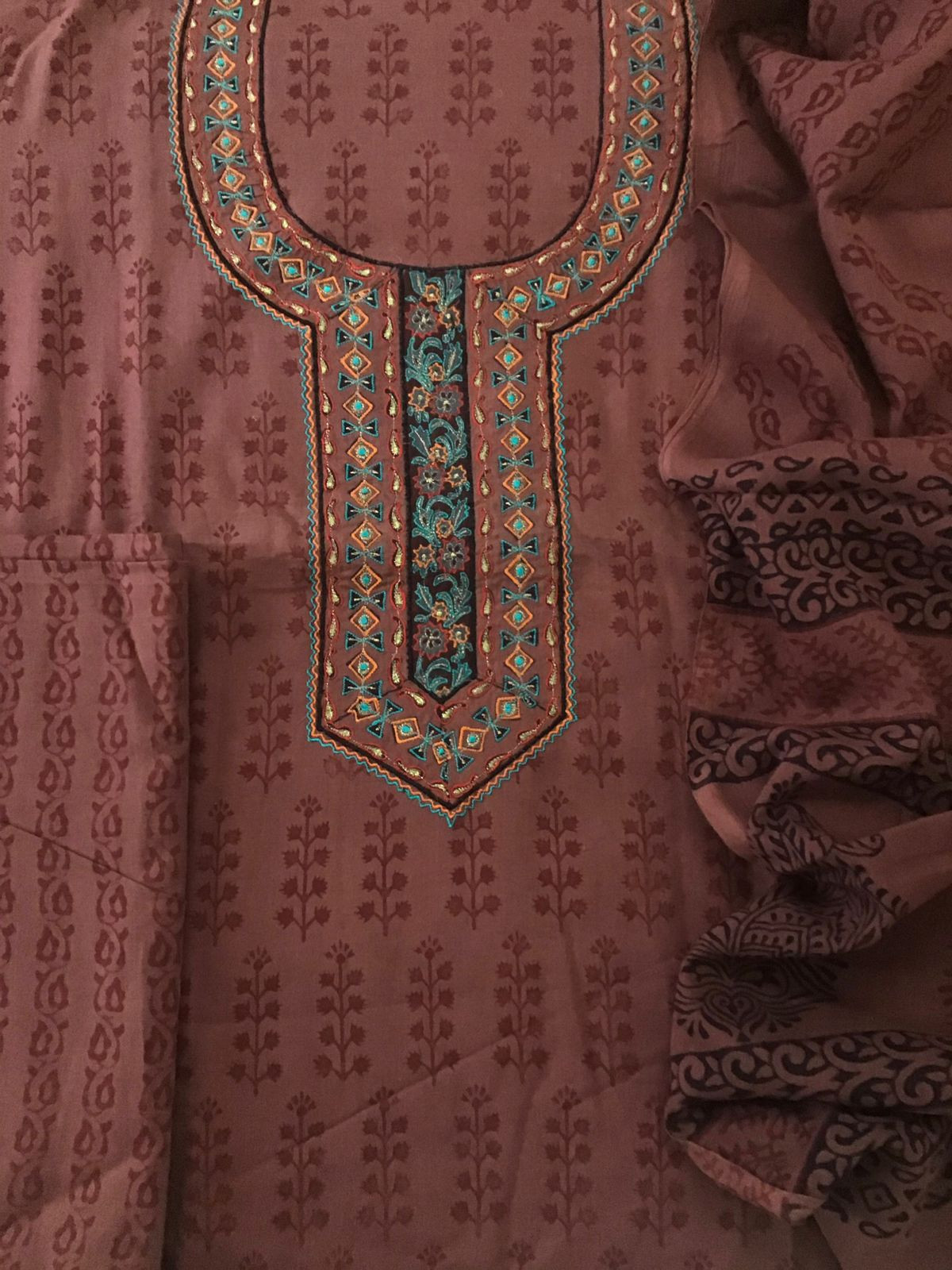 Pure Cotton Bagh Printed Embroidered Suit - Brown