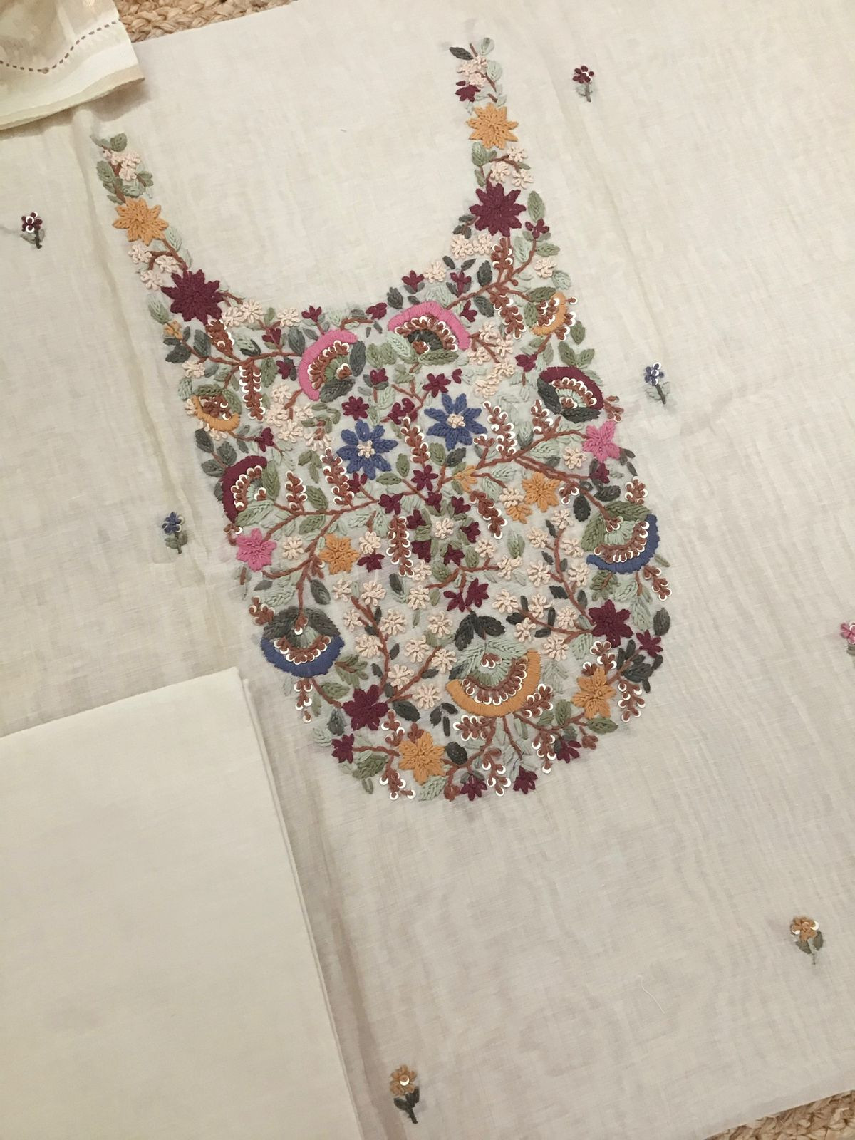 Soft Slub Chanderi Jamdani Weaved Embroidered Suit - Beige