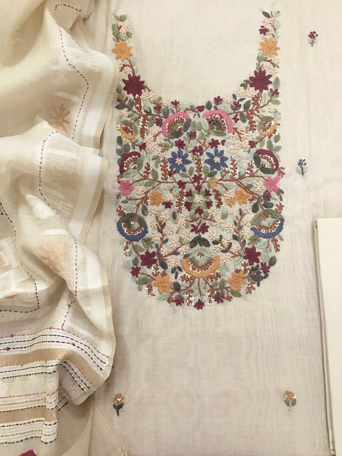 Soft Slub Chanderi Jamdani Weaved Embroidered Suit - Beige