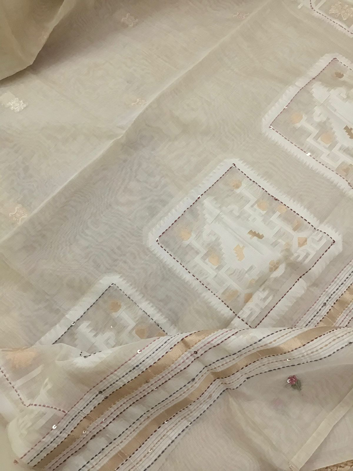 Soft Slub Chanderi Jamdani Weaved Embroidered Suit - Beige