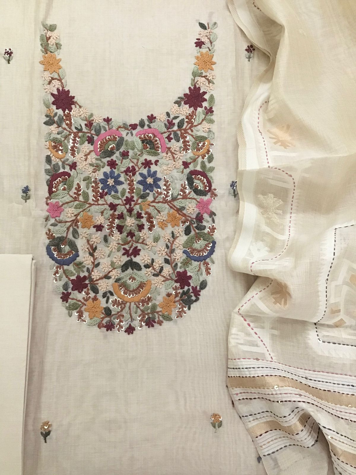 Soft Slub Chanderi Jamdani Weaved Embroidered Suit - Beige