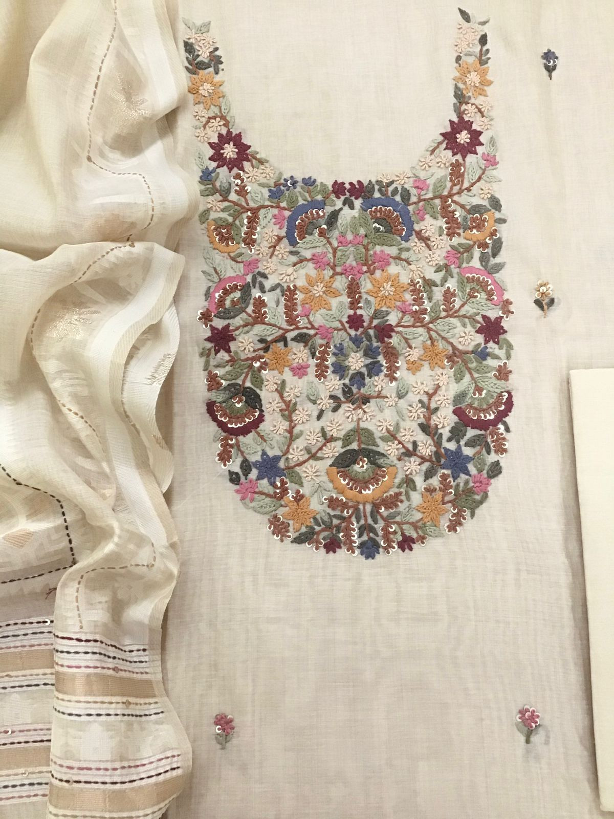 Soft Slub Chanderi Jamdani Weaved Embroidered Suit - Beige