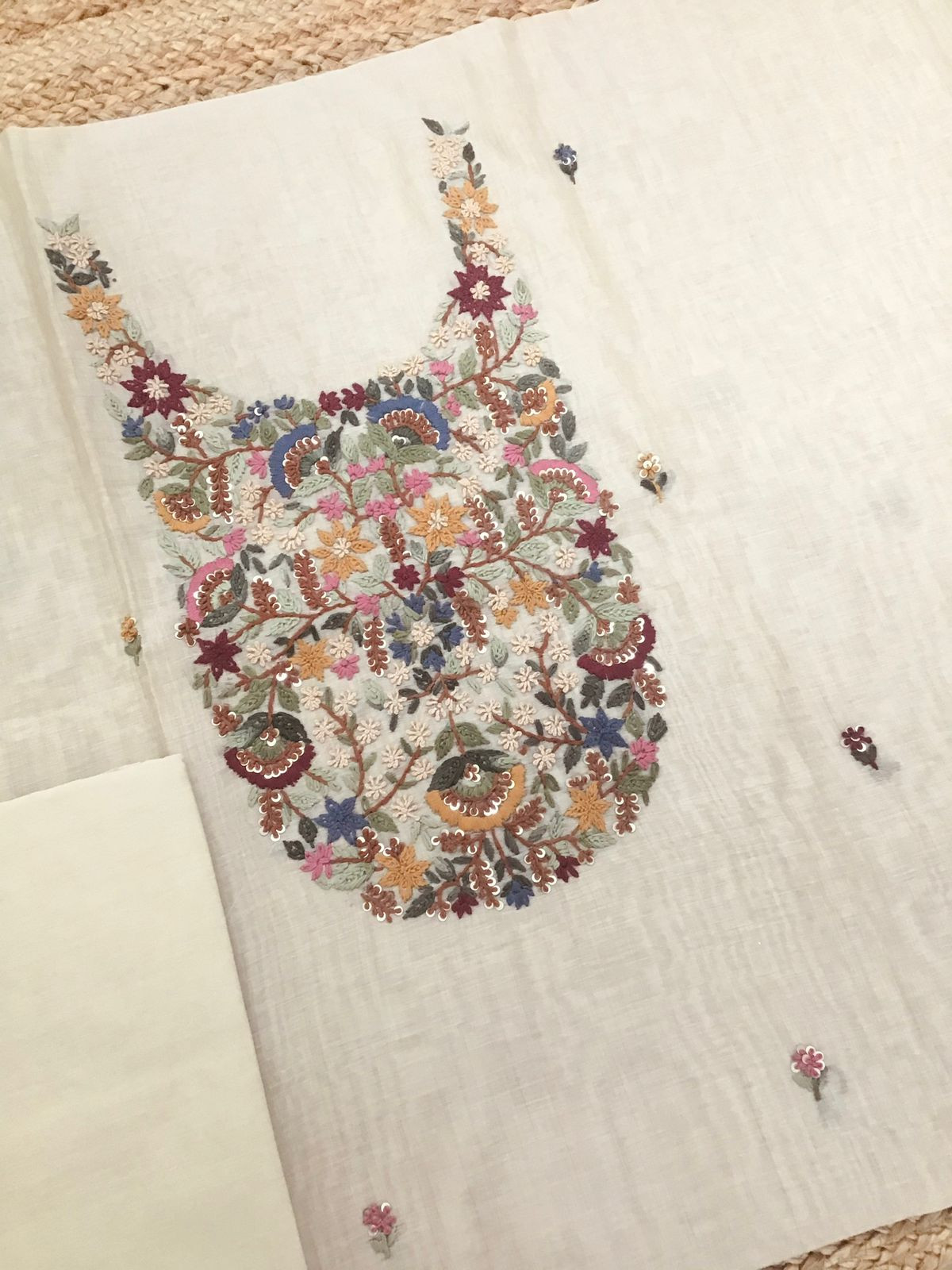 Soft Slub Chanderi Jamdani Weaved Embroidered Suit - Beige