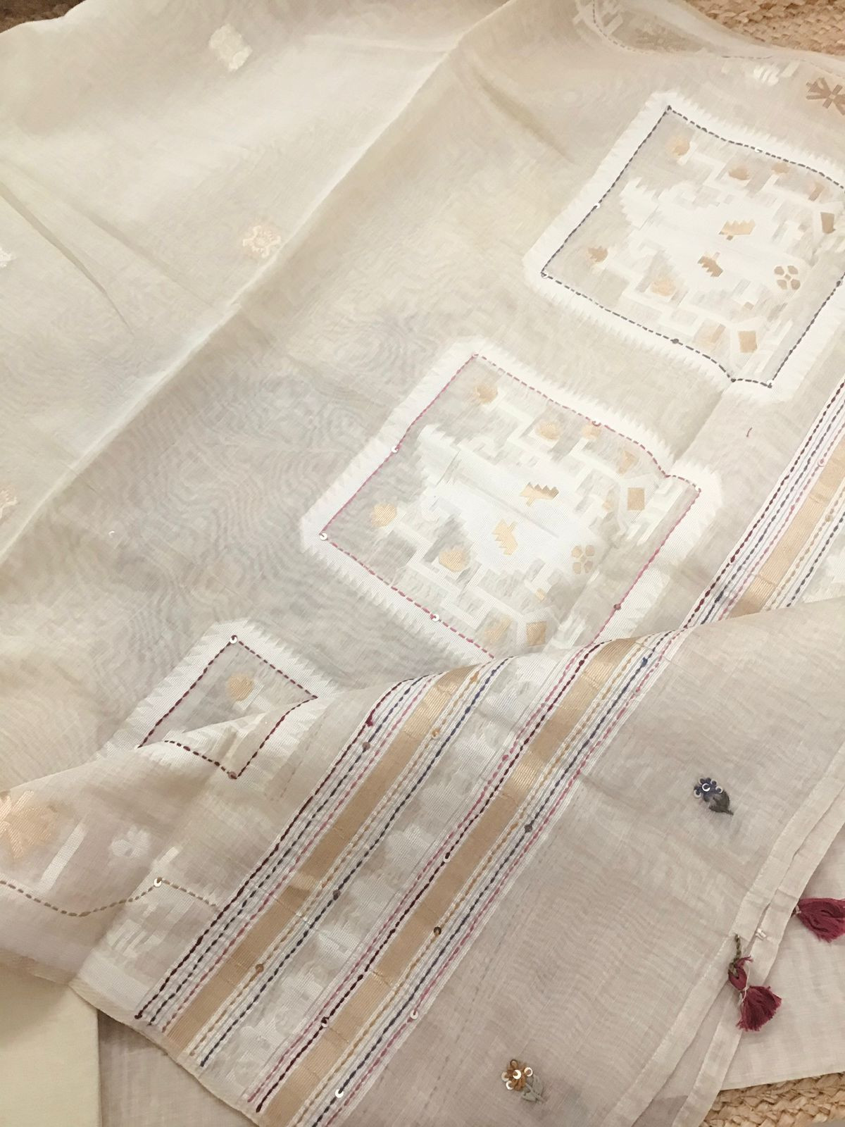 Soft Slub Chanderi Jamdani Weaved Embroidered Suit - Beige