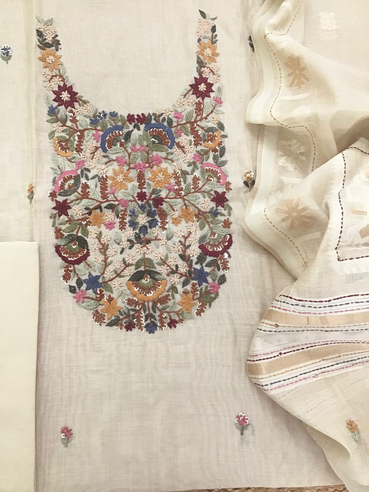 Soft Slub Chanderi Jamdani Weaved Embroidered Suit - Beige
