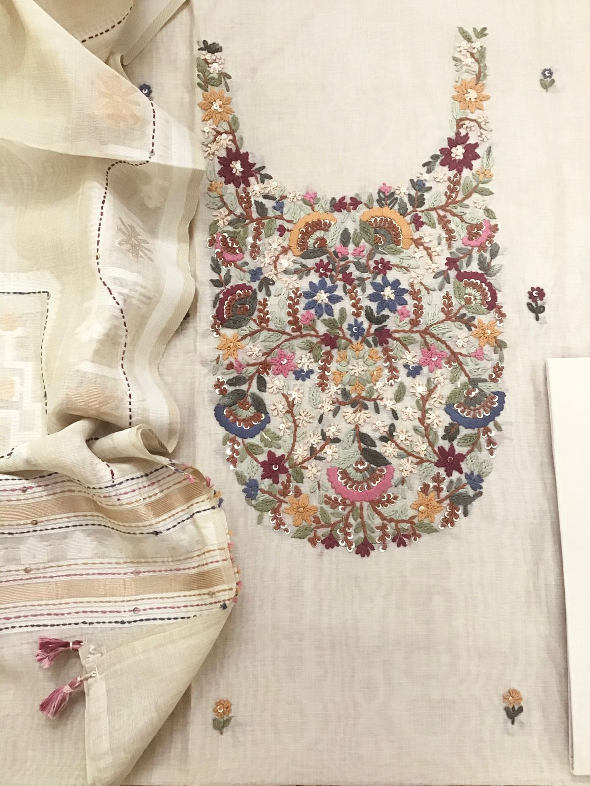 Soft Slub Chanderi Jamdani Weaved Embroidered Suit - Beige