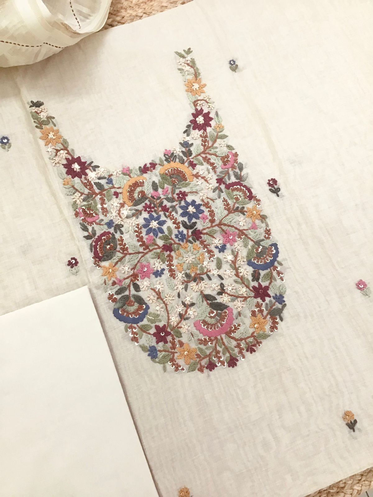 Soft Slub Chanderi Jamdani Weaved Embroidered Suit - Beige