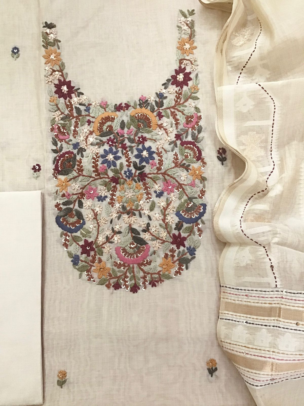 Soft Slub Chanderi Jamdani Weaved Embroidered Suit - Beige