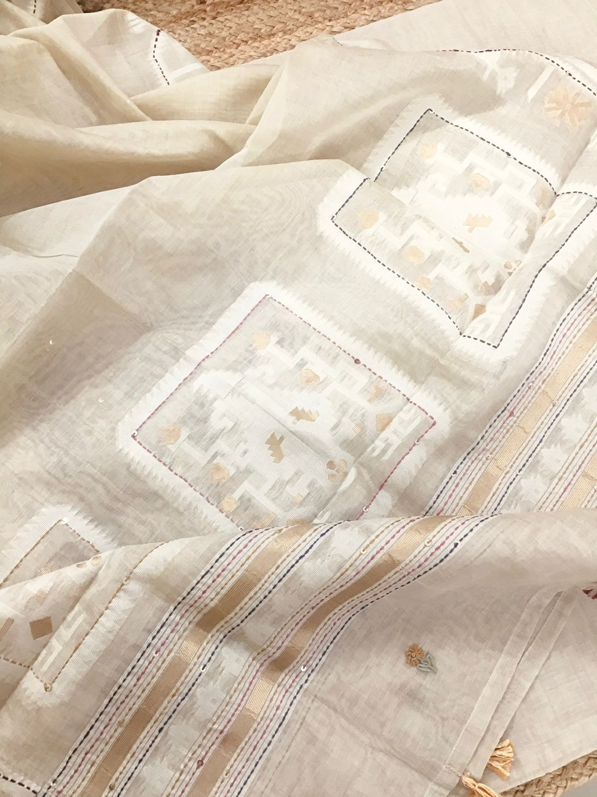 Soft Slub Chanderi Jamdani Weaved Embroidered Suit - Beige